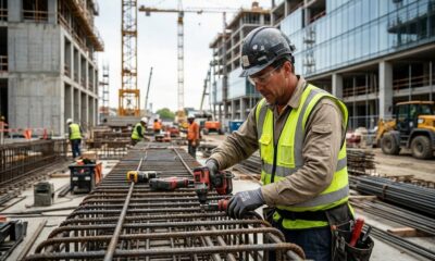 Trabalhador da construção civil com capacete e colete, operando ferramenta em vergalhões de aço