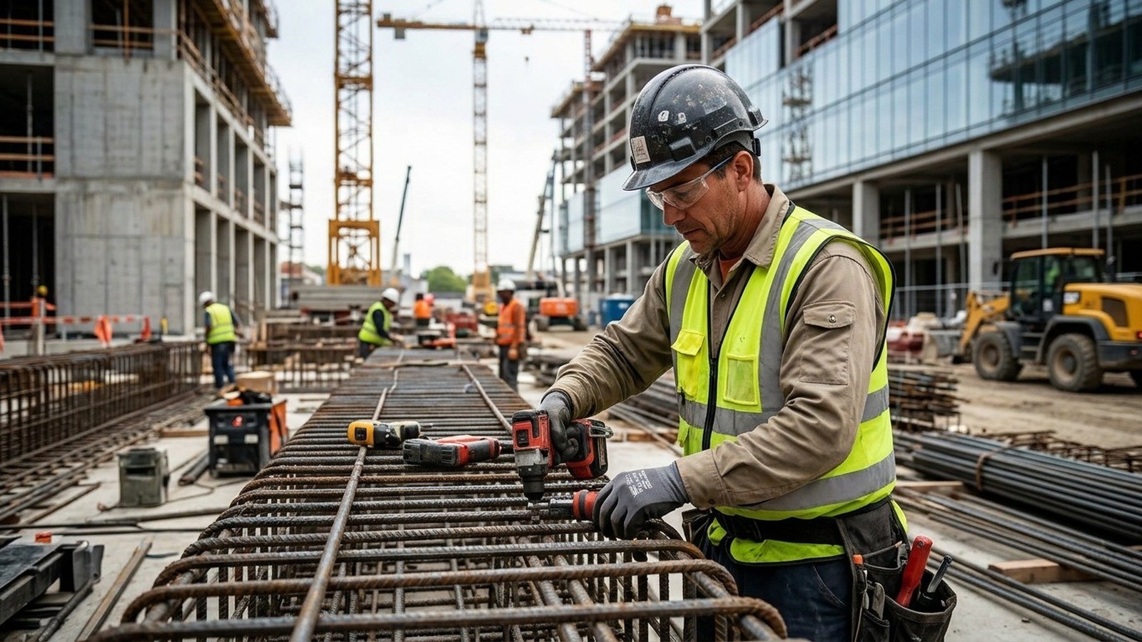 Trabalhador da construção civil com capacete e colete, operando ferramenta em vergalhões de aço