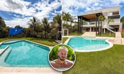 Retrato de Zé Felipe, mansão moderna, piscina, telão e jardim sob céu azul