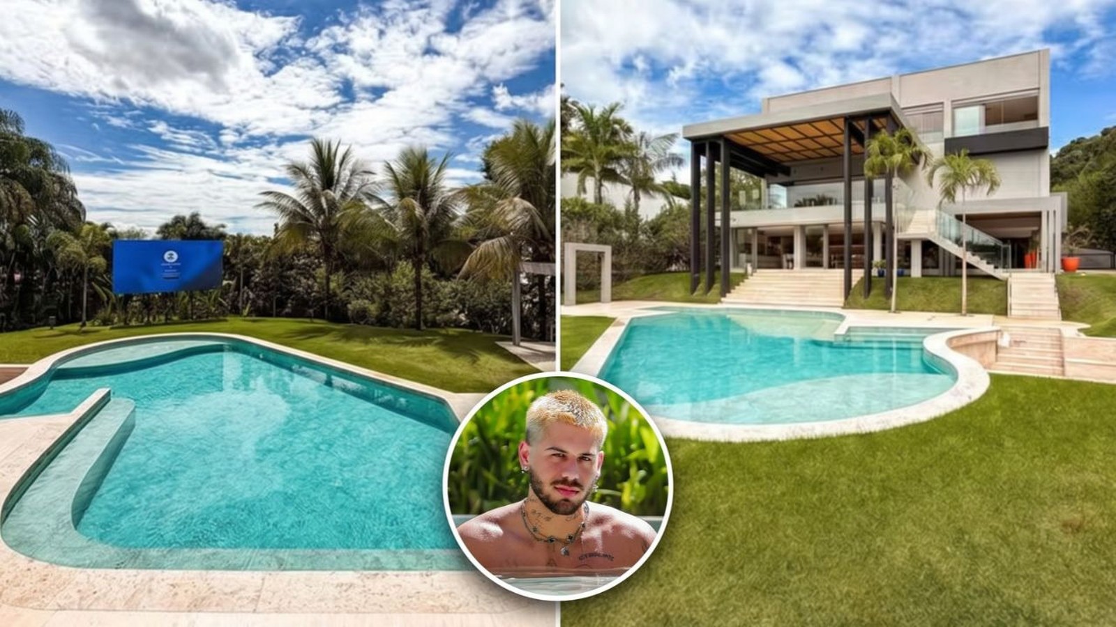 Retrato de Zé Felipe, mansão moderna, piscina, telão e jardim sob céu azul