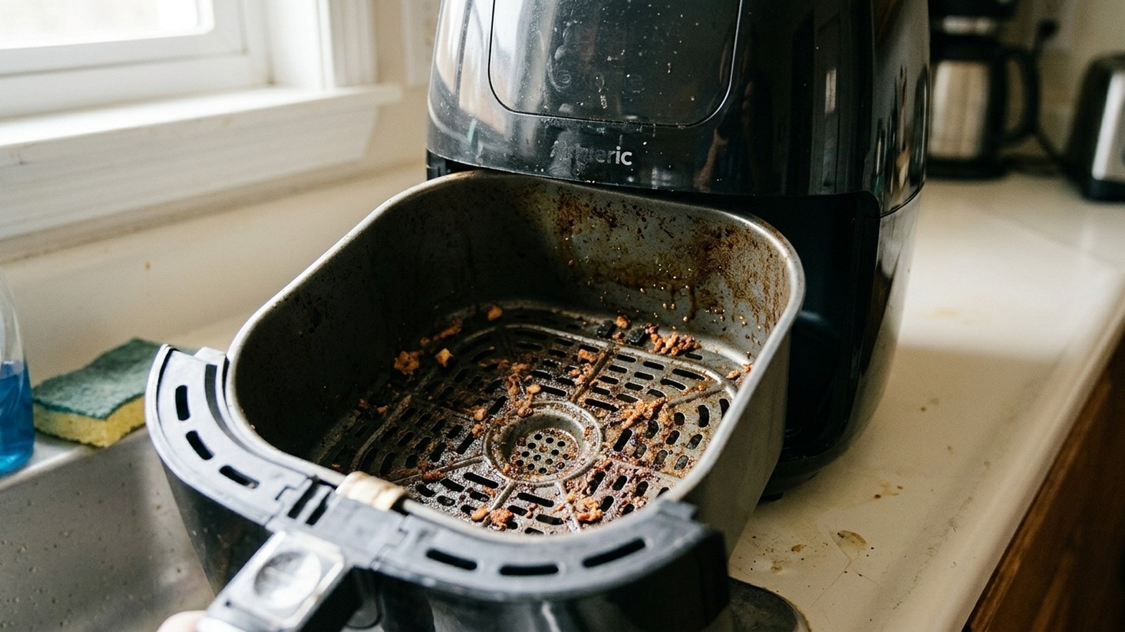 Cesta suja de air fryer com restos de comida e gordura, sendo removida da base