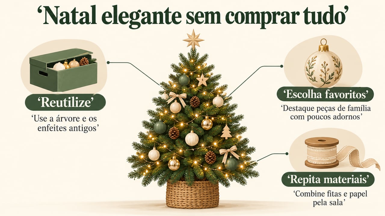 Reaproveitar enfeites favoritos e repetir materiais pela sala permite renovar a decoração sem comprar tudo novo