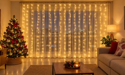 Luzes fixas de tom quente e cortinas de LED deixam a decoração de Natal mais acolhedora
