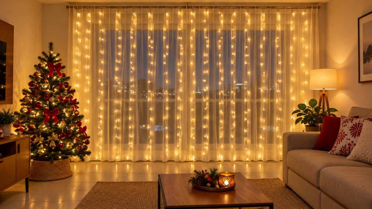 Luzes fixas de tom quente e cortinas de LED deixam a decoração de Natal mais acolhedora
