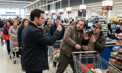 Um homem aponta para dois homens com expressões surpresas em uma fila de supermercado com carrinhos de compras
