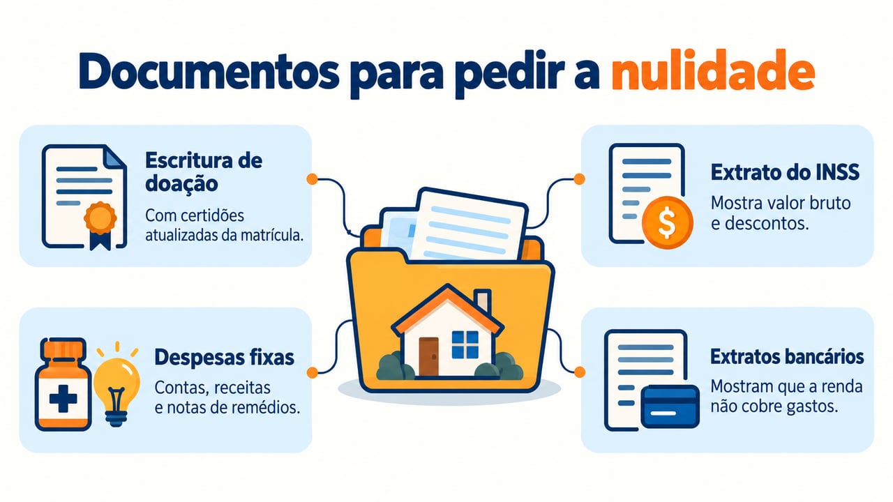 Escritura, extrato do INSS, comprovantes de despesas e extratos bancários sustentam o pedido de nulidade da doação