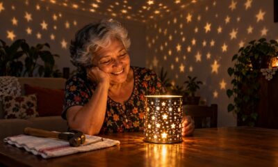 Cada furo feito na lata de leite em pó vira um ponto de luz que espalha estrelas pelas paredes no Natal