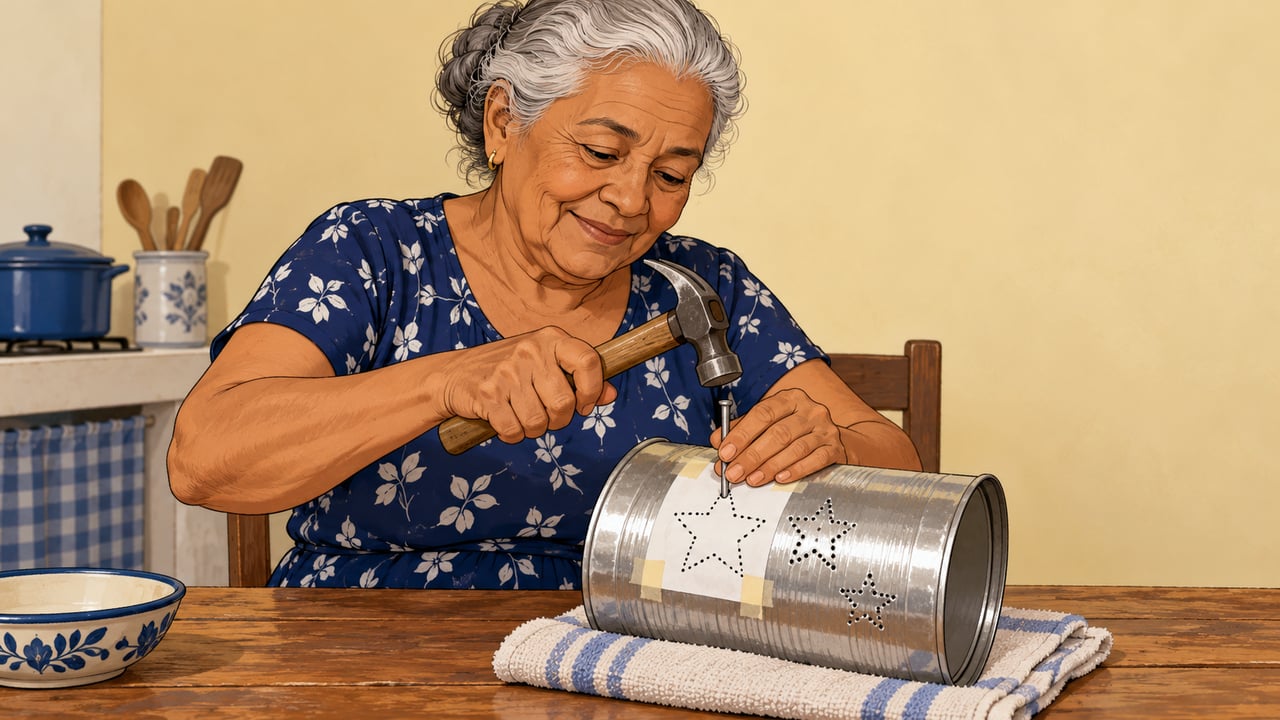 Furar a lata de fora para dentro, com prego e martelo, desenha as estrelas que serão projetadas na parede
