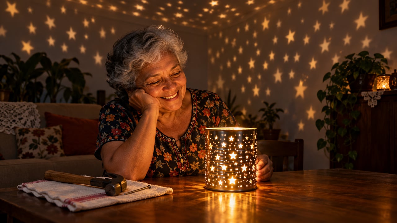 Cada furo feito na lata de leite em pó vira um ponto de luz que espalha estrelas pelas paredes no Natal