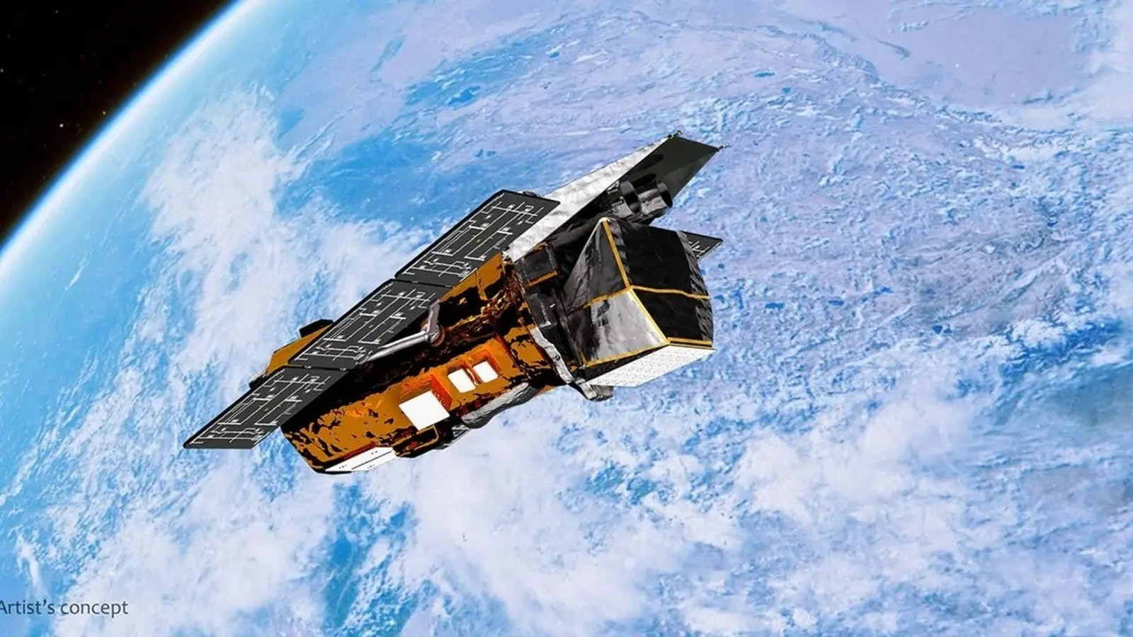 Conceito artístico de um satélite com painéis solares orbitando o planeta Terra, texto 'Artist's concept'