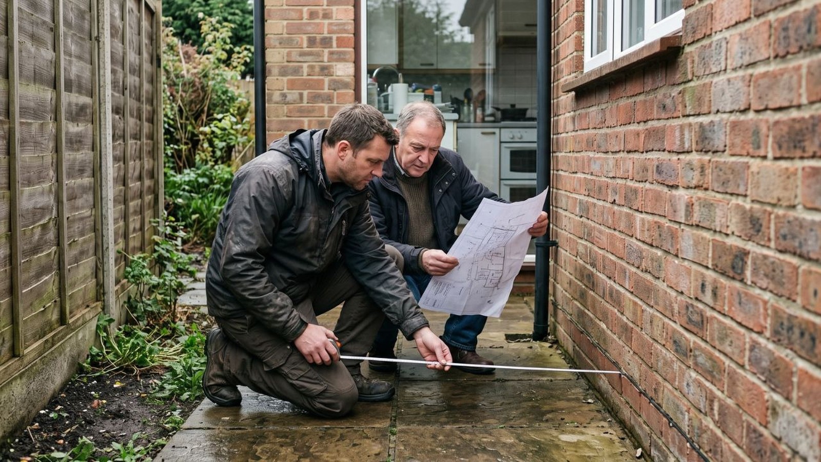 Dois homens ajoelhados medem área externa de casa com fita métrica e planta