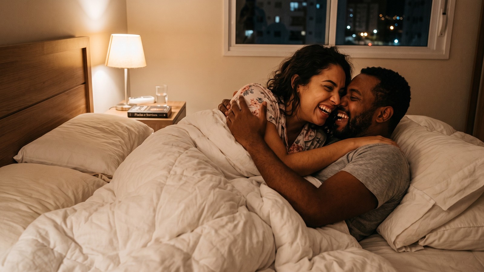 Casal sorridente e abraçado na cama, deitados sob um edredom branco, à noite em um quarto