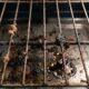 Uma grade de forno suja e engordurada com restos de comida queimada em close-up