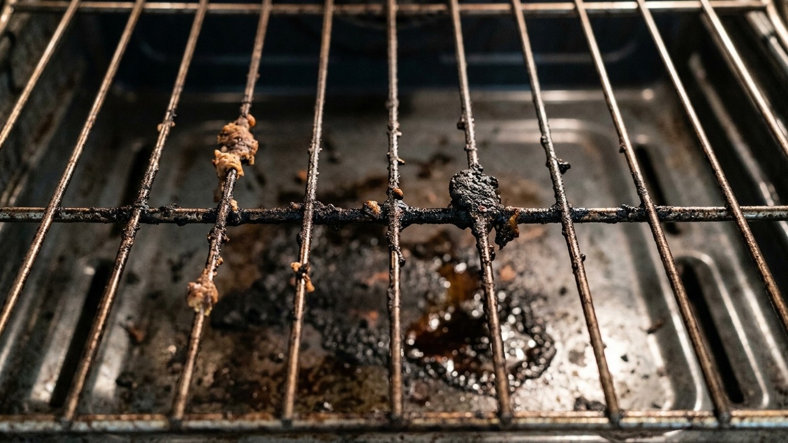 Uma grade de forno suja e engordurada com restos de comida queimada em close-up