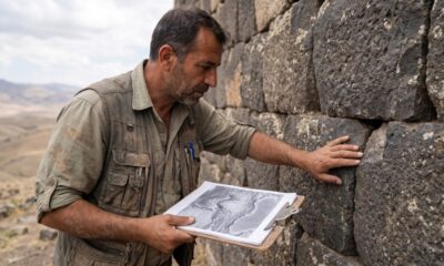 Homem barbudo em camisa cáqui, com mapa, toca muro de pedra. Montanhas ao fundo