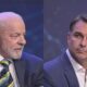 Lula e Flávio Bolsonaro, de terno, em estúdio de televisão