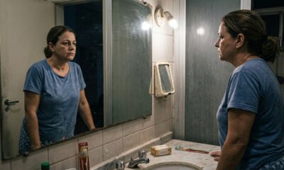 Mulher em camisa azul olha para seu reflexo no espelho do banheiro com pouca luz