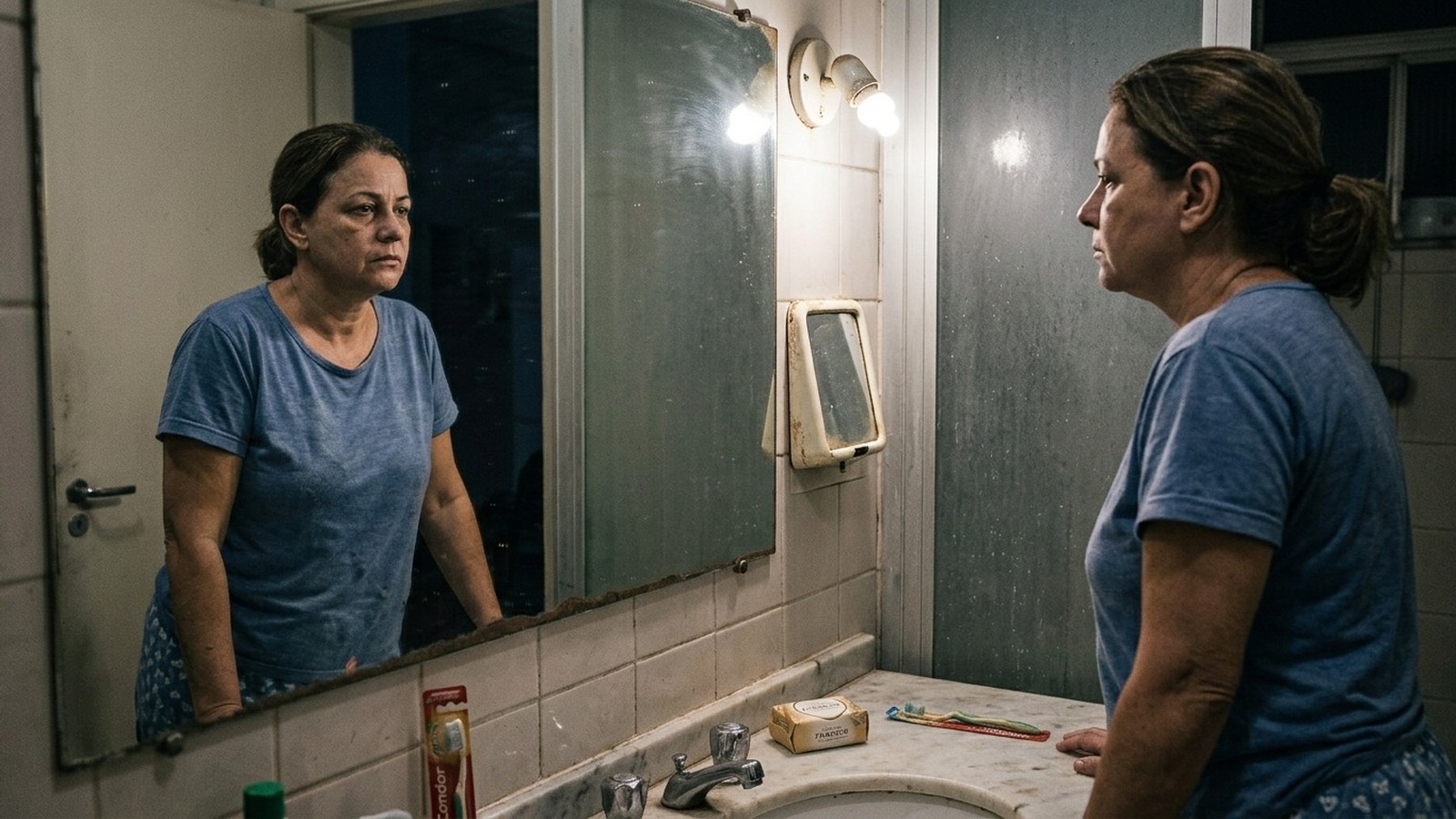 Mulher em camisa azul olha para seu reflexo no espelho do banheiro com pouca luz