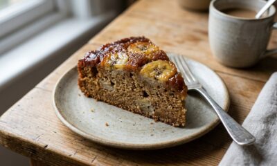 Fatia de bolo de banana caramelizada em prato com garfo e xícara de café em mesa de madeira