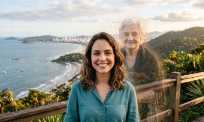 Jovem sorridente com figura translúcida de idosa ao fundo, paisagem costeira com montanhas e cidade