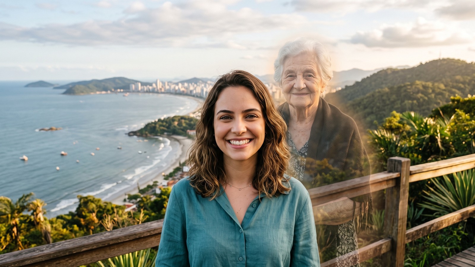 Jovem sorridente com figura translúcida de idosa ao fundo, paisagem costeira com montanhas e cidade