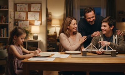 Família feliz à mesa. Pais sorrindo ao filho adolescente com projeto, filha desenha