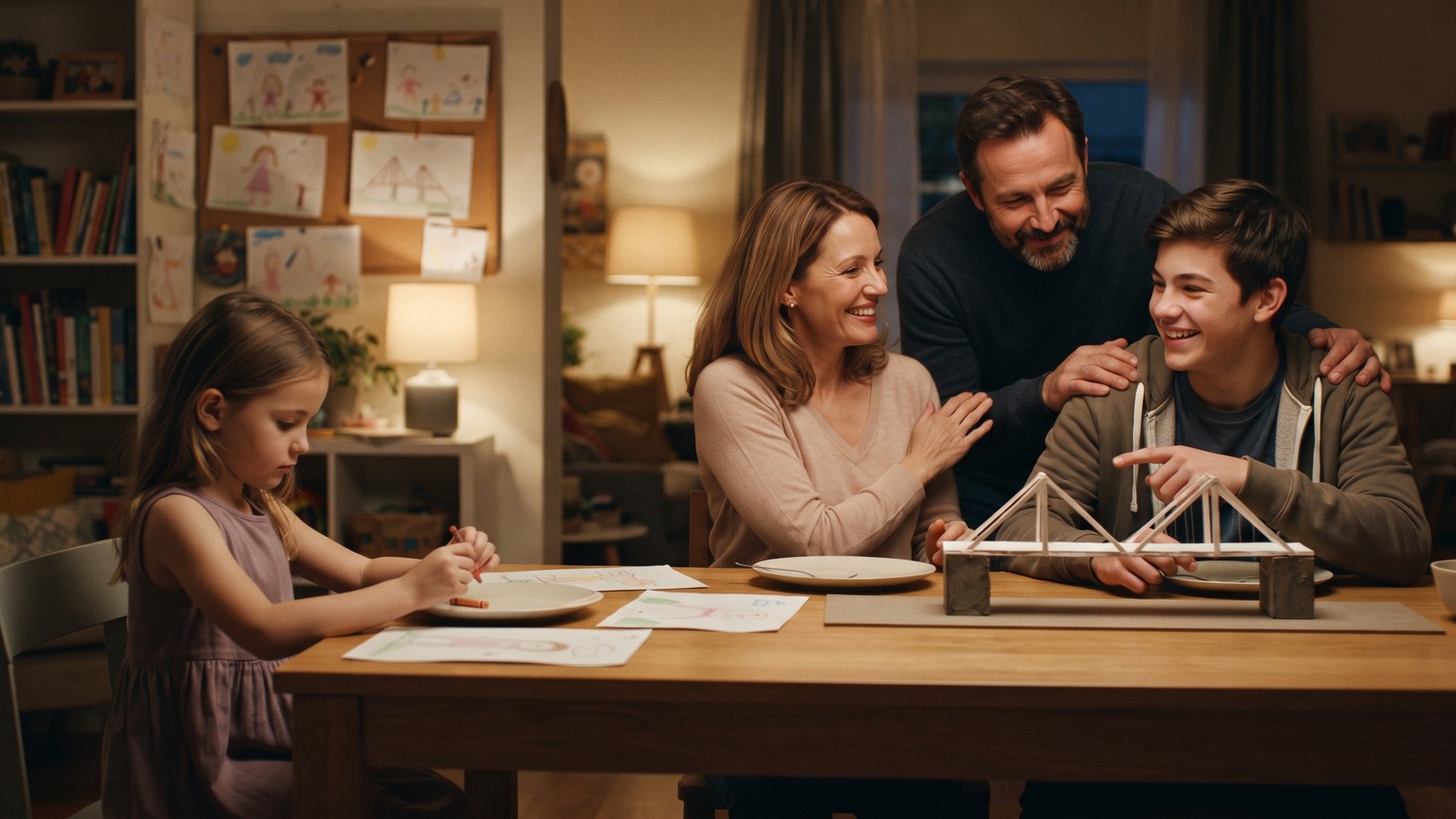 Família feliz à mesa. Pais sorrindo ao filho adolescente com projeto, filha desenha