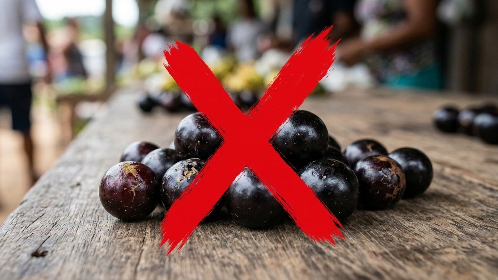 Frutas escuras e redondas em mesa de madeira rústica com um grande 'X' vermelho sobre elas