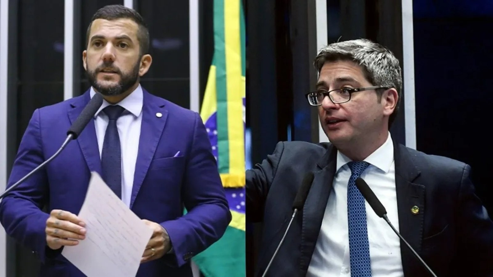 Dois homens em trajes formais discursam, um com barba e o outro de óculos.