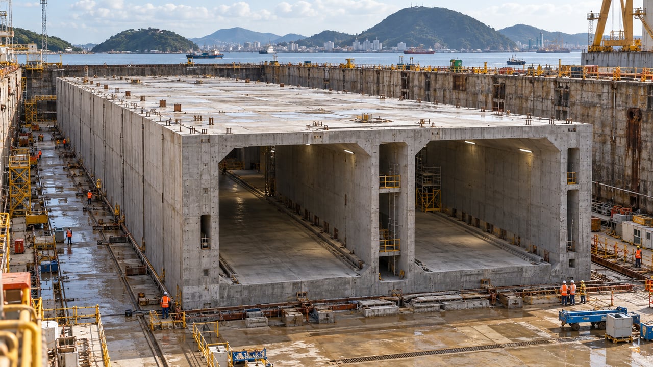 Seis elementos de concreto serão fabricados fora d’água e depois encaixados no fundo do canal