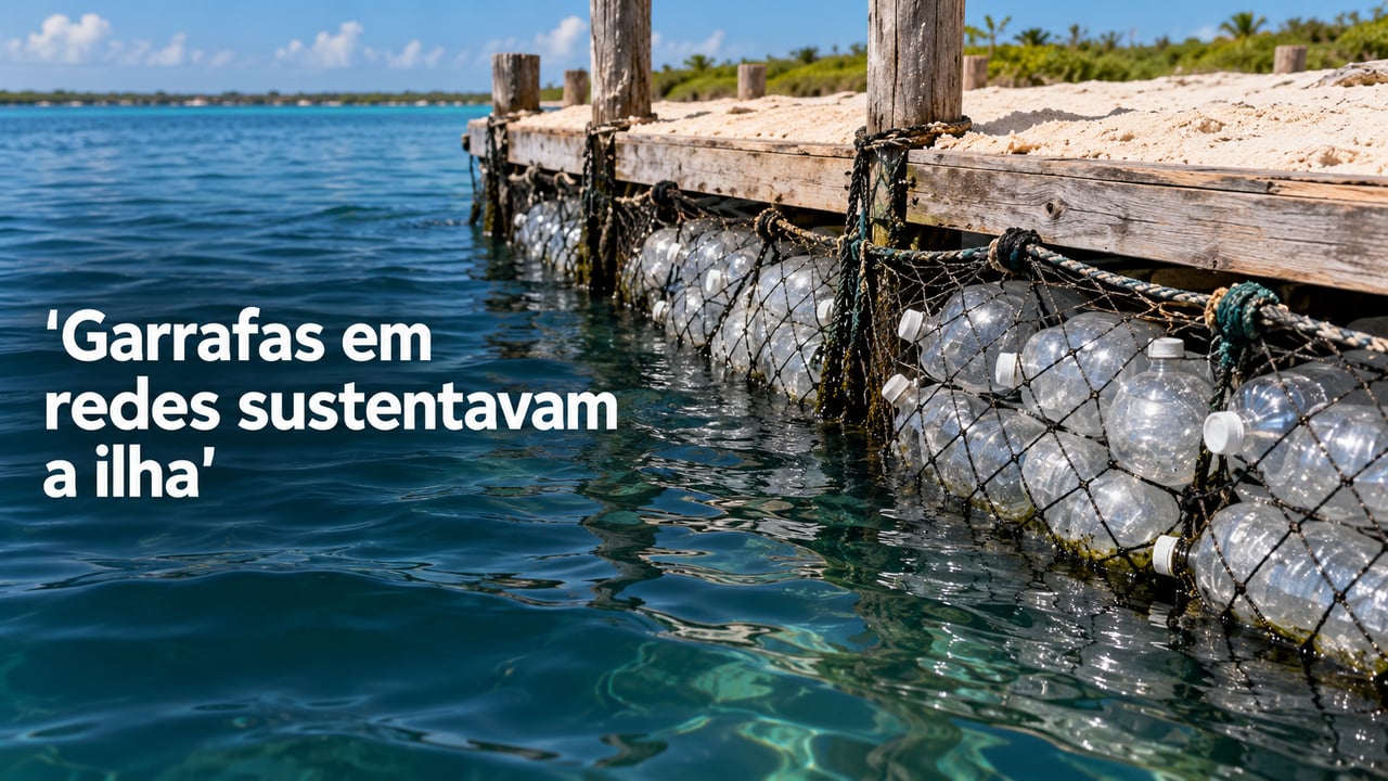 Garrafas vazias presas em redes de pesca formavam a base flutuante da Ilha Joysxee