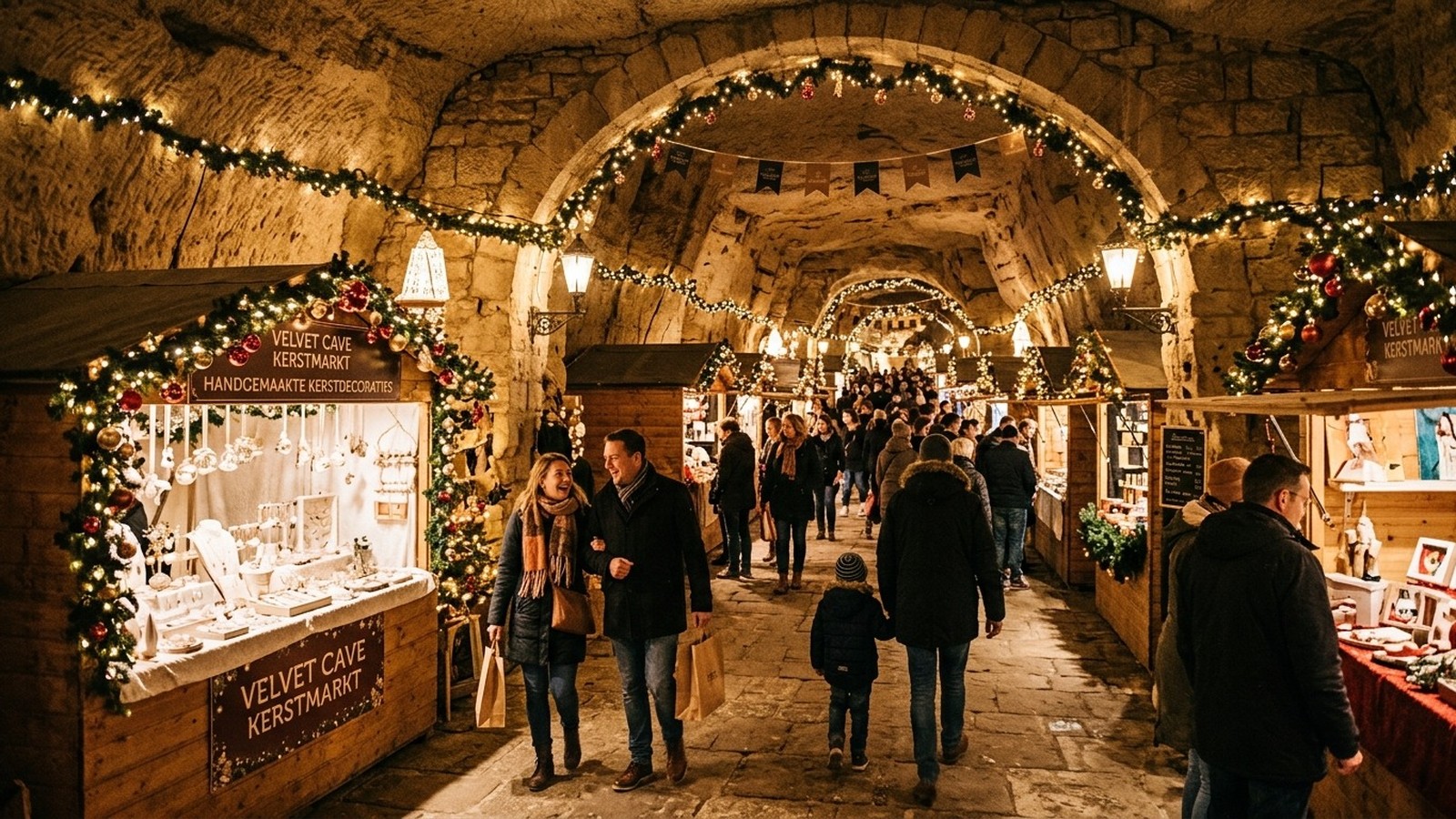 Mercado de Natal subterrâneo, com barracas iluminadas e pessoas caminhando em uma caverna festiva