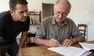 Homem idoso de óculos assina documento com caneta, observado por homem mais jovem em mesa