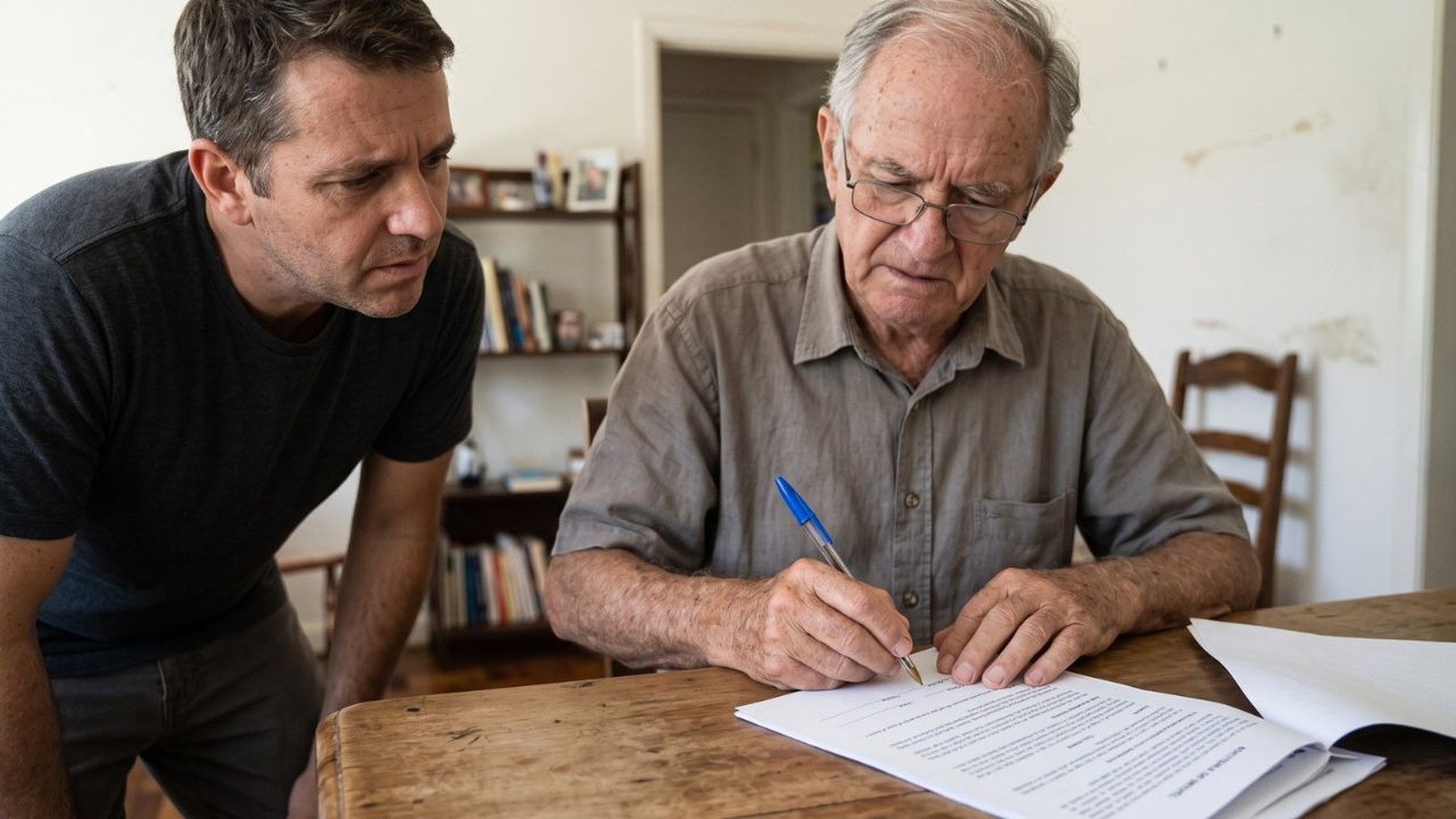 Homem idoso de óculos assina documento com caneta, observado por homem mais jovem em mesa