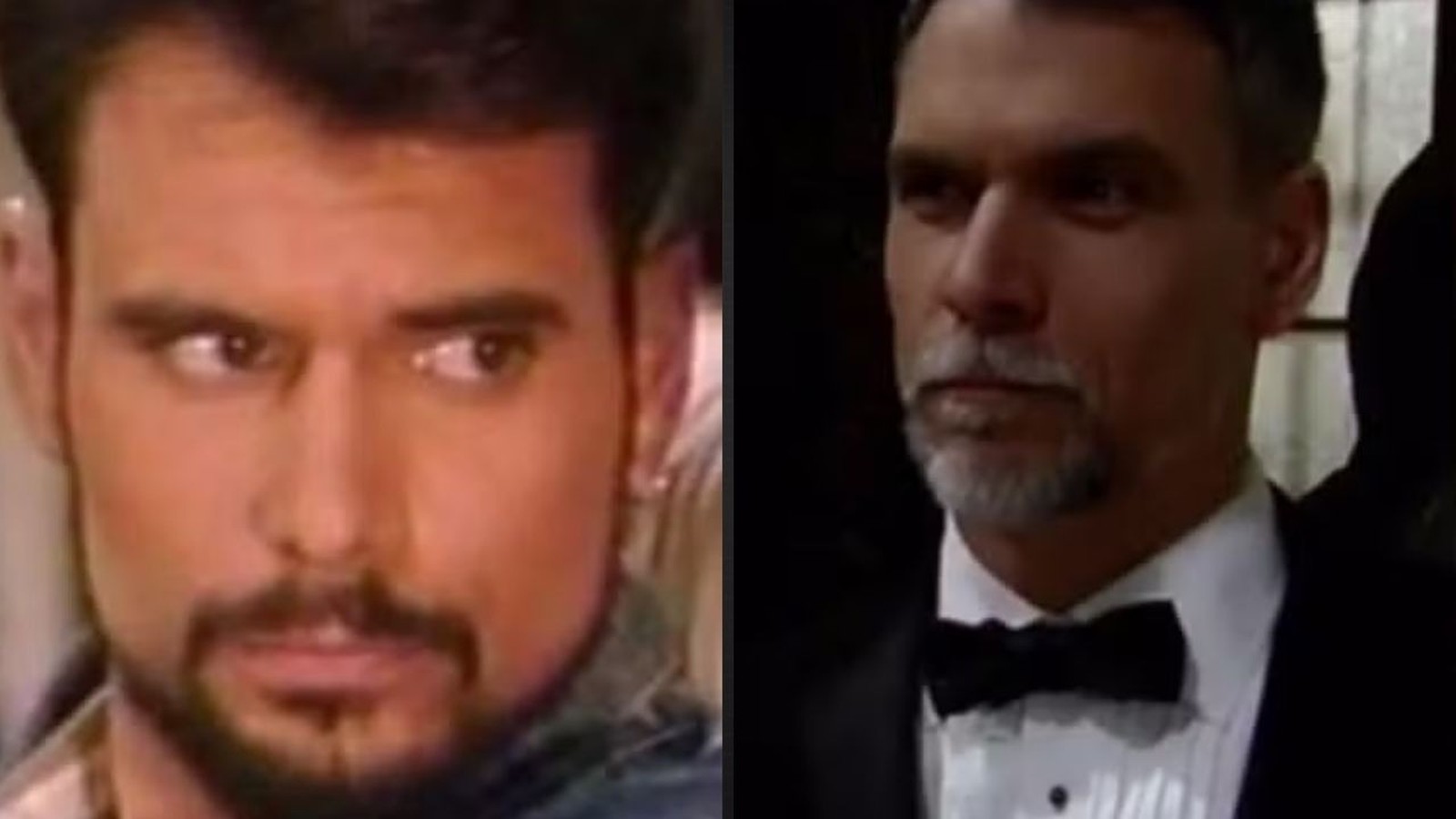 Split image: young Robert Kelker-Kelly with dark hair, older Robert Kelker-Kelly with gray beard, suit