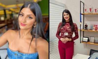 Jovem mulher sorrindo em duas fotos: selfie de rosto e corpo inteiro com roupa bordô