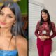 Jovem mulher sorrindo em duas fotos: selfie de rosto e corpo inteiro com roupa bordô