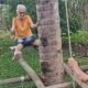 Mulher idosa sentada em balanço de madeira, segurando tronco de árvore, em um quintal
