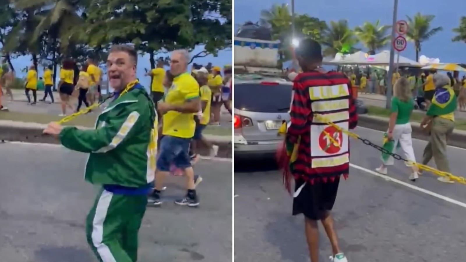 Homem em agasalho verde puxa corrente presa a outro homem com camisa "LULA 13" nas costas