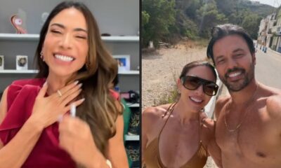 Patrícia Abravanel sorrindo, anel na mão; à direita, ela e Fábio Faria em selfie.