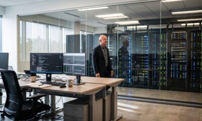 Jeff Bezos em escritório, com mesas de computador e sala de servidores com luzes piscando