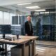 Jeff Bezos em escritório, com mesas de computador e sala de servidores com luzes piscando