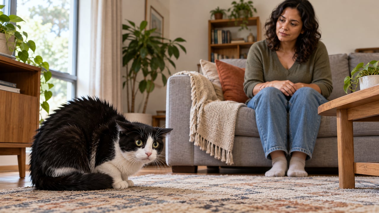 Cauda presa junto ao corpo sugere medo ou ansiedade, e o melhor é dar espaço ao gato