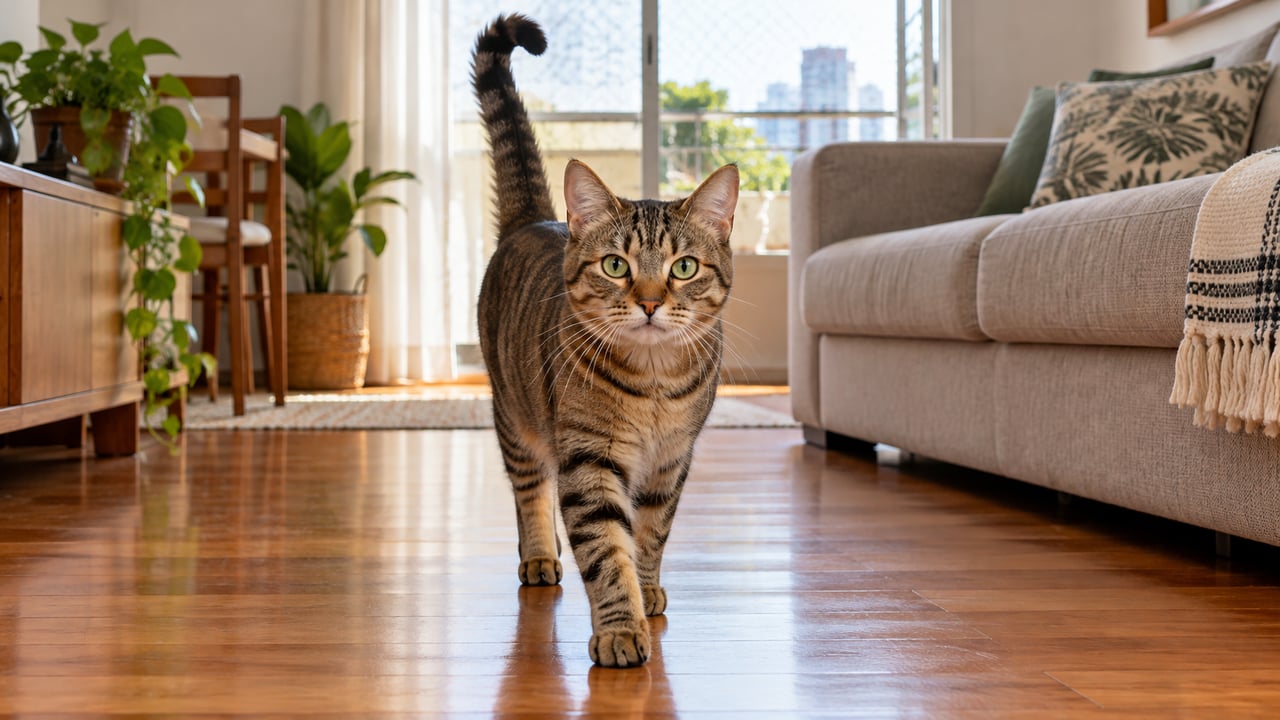 Gato que se aproxima com a cauda levantada e a ponta curvada costuma estar cumprimentando em paz