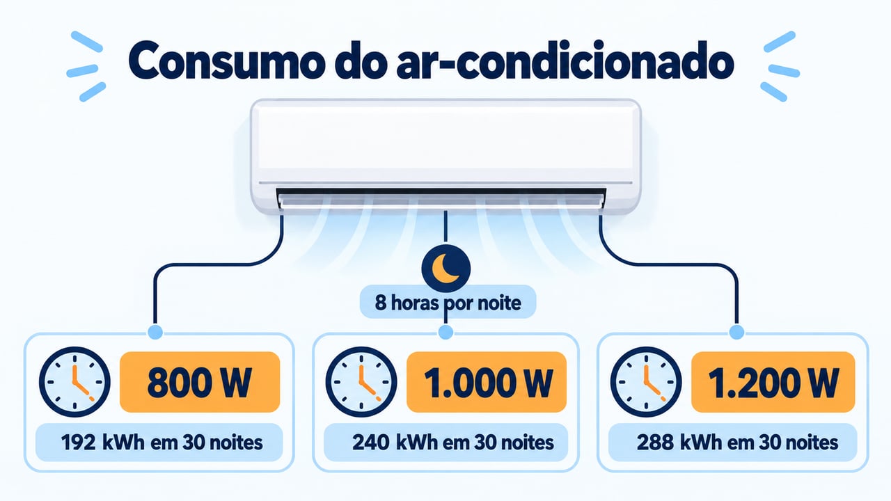 Um aparelho de 1.000 W ligado 8 horas por noite chega a 240 kWh no mês