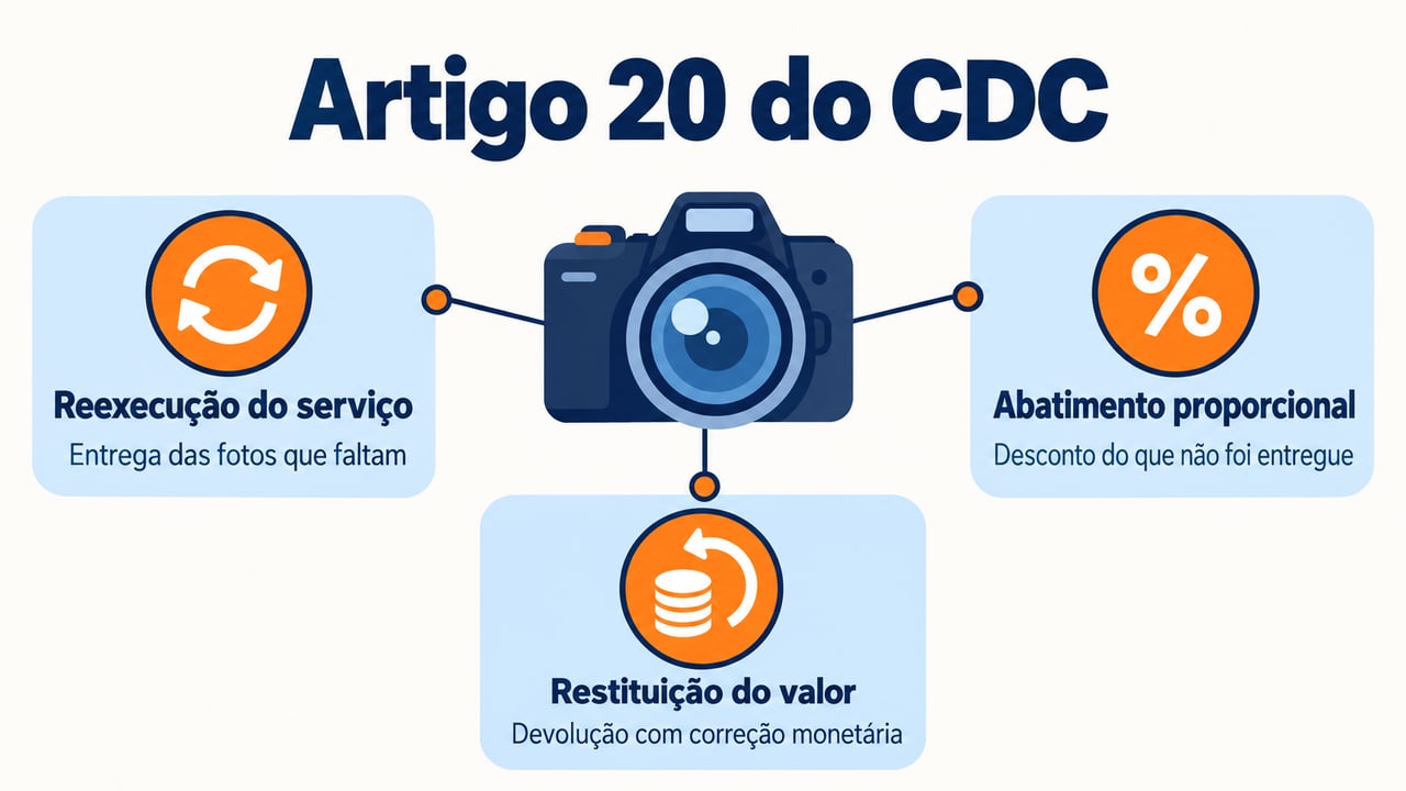 O artigo 20 do CDC dá ao cliente três saídas: refazer o serviço, devolver o valor ou abater o preço