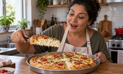 Com o amido de milho cozido no creme, o recheio da pizza caseira fica firme e não escorre