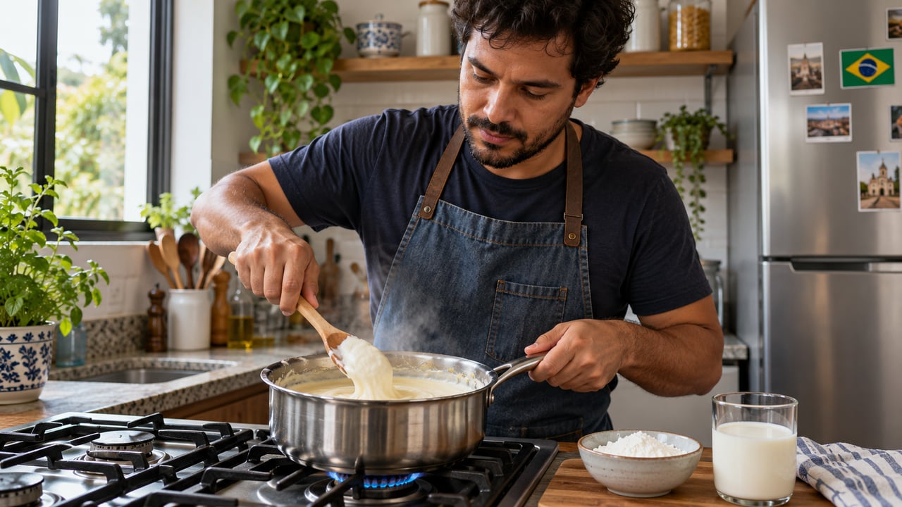 O amido de milho precisa ser cozido com o leite até o creme engrossar e soltar do fundo da panela