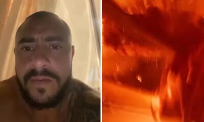 Tela dividida com homem barbudo e imagem borrada de explosão com chamas intensas