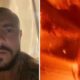 Tela dividida com homem barbudo e imagem borrada de explosão com chamas intensas